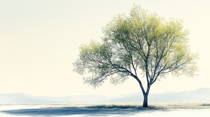 A solitary tree stands gracefully against a serene landscape.