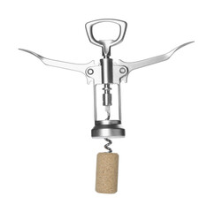 Wing corkscrew and cork on white background