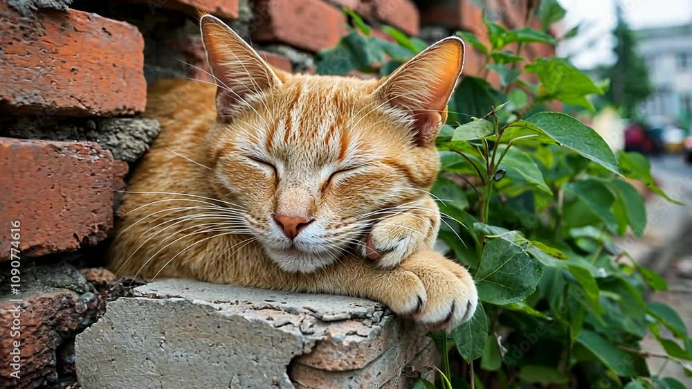 Wall mural An orange cat sleeps peacefully on a brick wall surrounded by greenery.