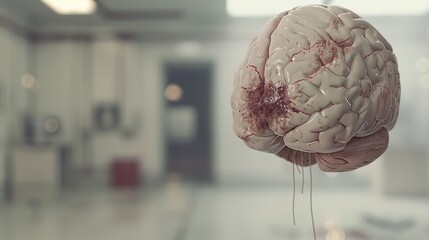 Close-Up of Human Brain Model with Evident Damage - Symbolizing Brain Injury, Set in a Medical Laboratory with a Blurred, Soft-Focused Background