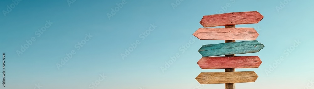 Poster a colorful signpost with multiple directional arrows pointing in different directions against a clea
