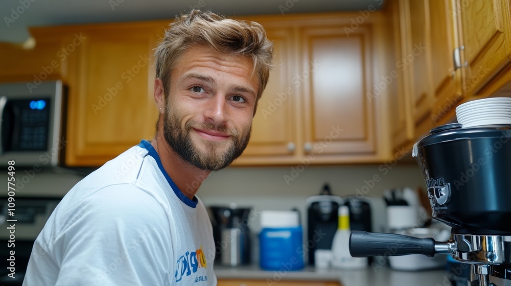 Poster man with a beard is smiling in front of a coffee maker. he is wearing a white shirt with the word 