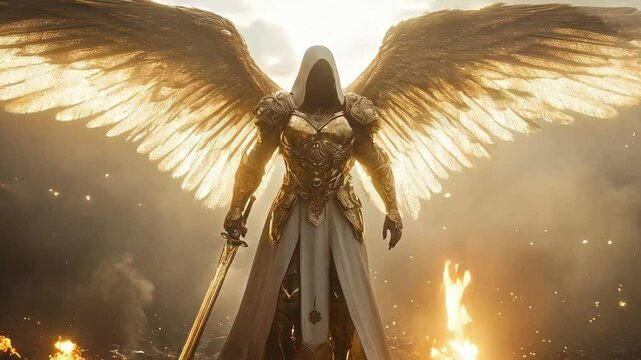 Knight with angel wings in full armor stands with his sword, behind him golden glow and sparks. Middle Ages. Epic graphics for commercial for historical game. Warrior of Light.