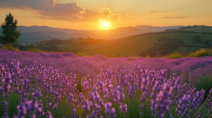 Fototapeta premium Sunset over a vibrant lavender field in a serene landscape.