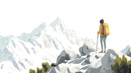 a 2D cartoon illustration of a person hiking with a backpack in the mountains, active and free, white background--ar 16:9