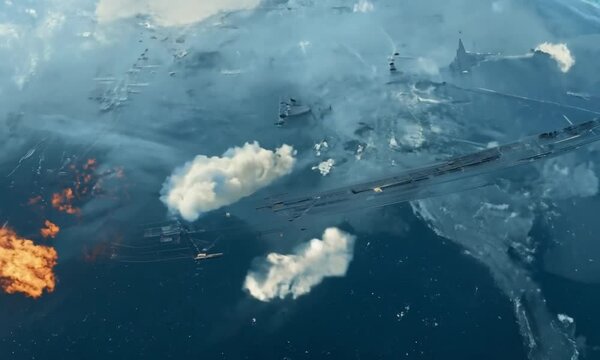 An aerial view of the surface of planet Earth, with a fiery explosion and debris from an exploding satellite.