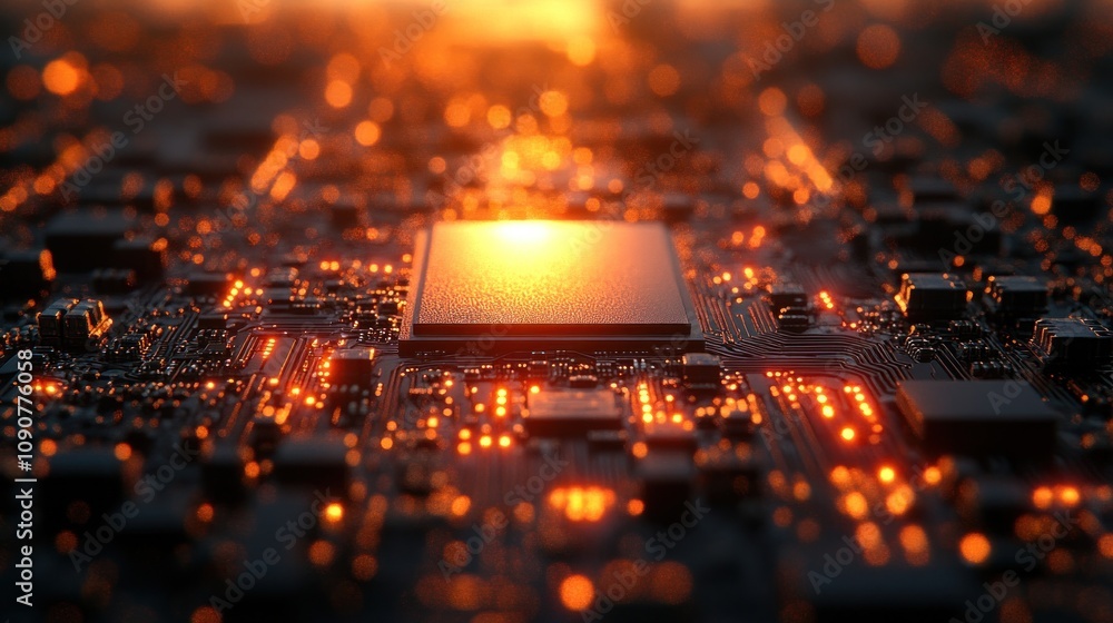 Aufkleber close-up of a glowing microchip on a circuit board.
