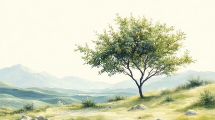 Fototapeta premium Serene landscape featuring a solitary tree amidst rolling hills.