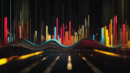 Fototapeta premium Abstract black background with 3D Colorful charts and graphs with statistics to innovative analyze business potential and forecast future development of companies growth.