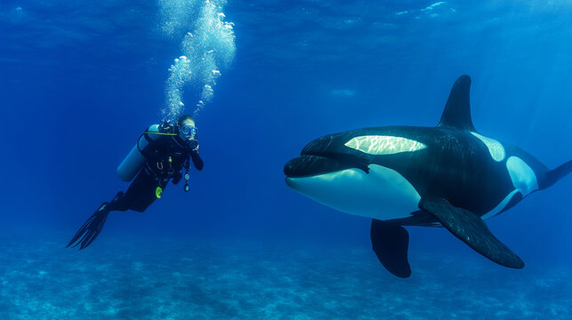 Scuba diver snorkeling next to an orca whale underwater in the blue sea 