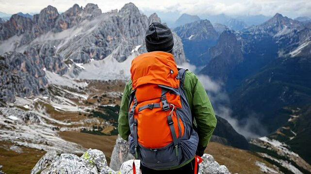 A hiker with an orange backpack overlooks a mountainous landscape.