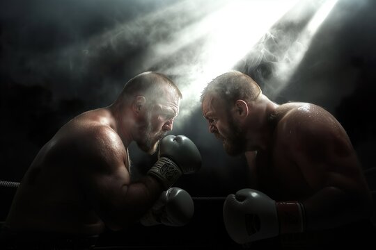 Two fighters facing each other very closely in the ring. Looking at each other angry. Screaming at each other. Effects with lights and smoke. CInematic, artistic, setup.