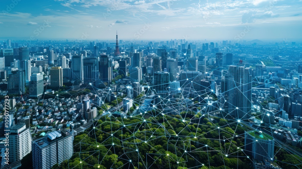 Poster an aerial view of a modern city with a network of lines connecting the buildings, symbolizing techno