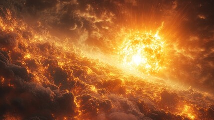 Obraz premium A dramatic depiction of a fiery sun over turbulent clouds.