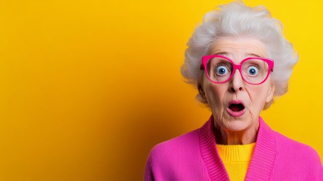 Woman in a pink sweater and glasses is looking surprised. The image has a bright yellow background, which contrasts with the pink and blue colors of the woman's clothing