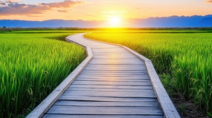 Fototapeta premium Serene Curved Boardwalk Through Lush Green Rice Fields Under Magnificent Sunset with Vibrant Sky and Mountains in Background