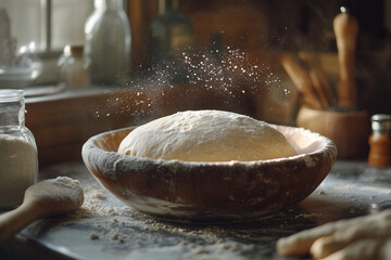 rising dough in a proofing bowl under morning light, sprinkled with flour for texture