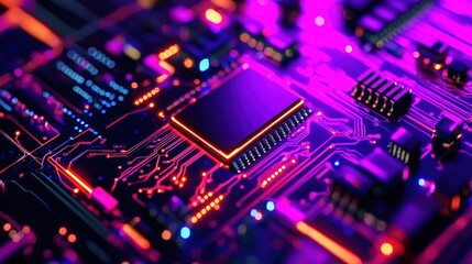 Fototapeta premium A vibrant close-up of a circuit board showcasing intricate details and glowing components in shades of purple and blue.
