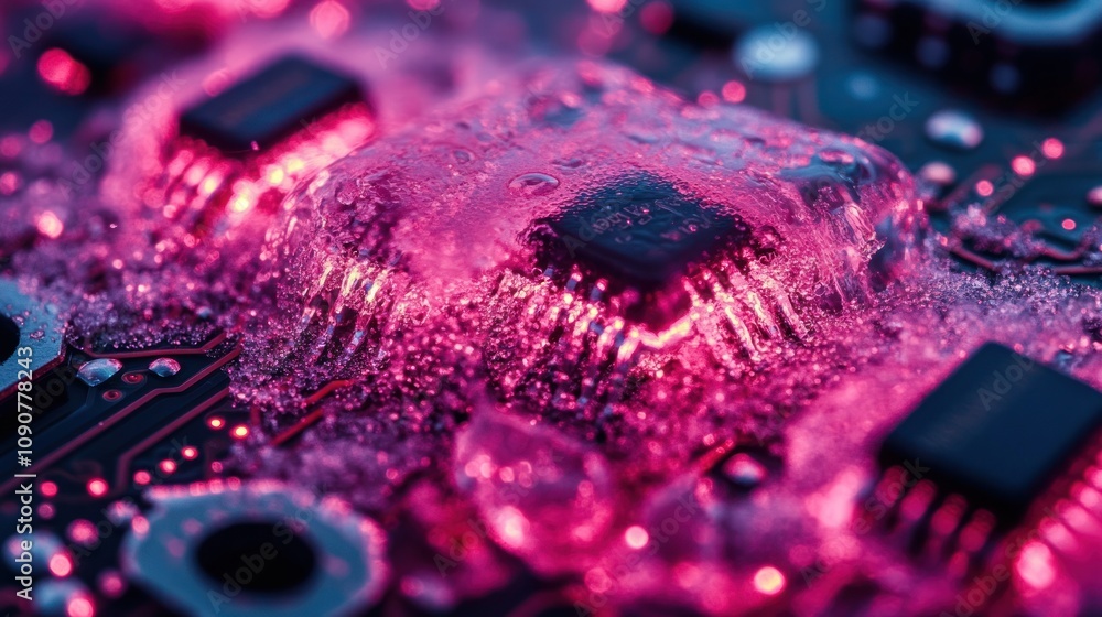 Poster close-up of a circuit board with glowing components and bubbles.