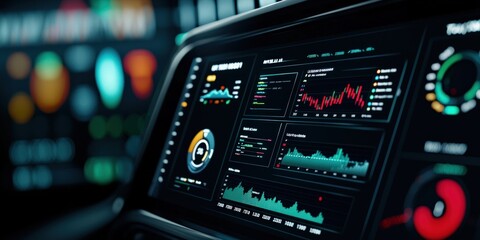 Obraz premium A sleek digital dashboard displaying various graphs and metrics, highlighting data analysis and real-time monitoring.