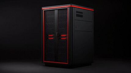 A sleek, modern server cabinet featuring a black exterior with red accents, designed for optimal cooling and performance in a tech environment.
