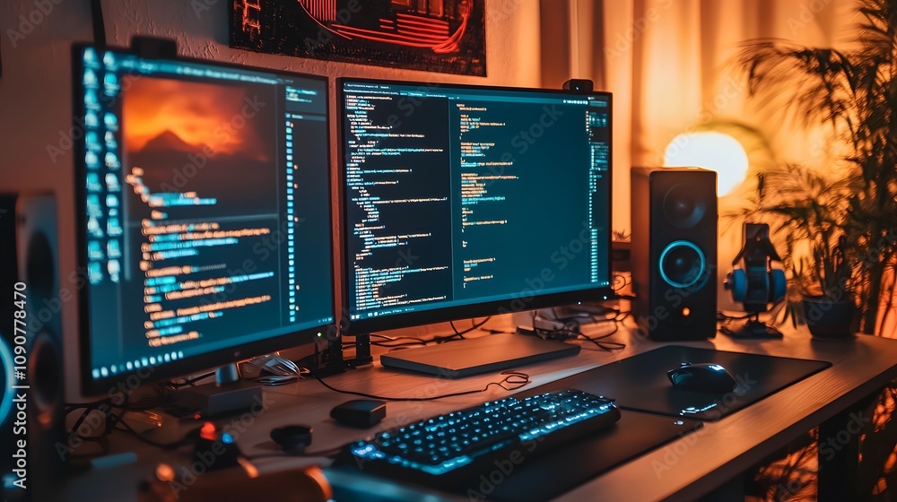 Aufkleber coding session at home desktop setup technology cozy environment close-up digital creativity