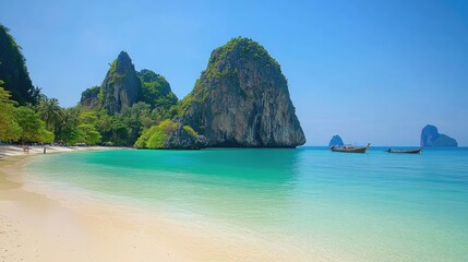 Fototapeta premium Serene Tropical Beach with Clear Turquoise Water, Lush Greenery, and Majestic Rock Formations Under a Clear Blue Sky on a Sunny Day