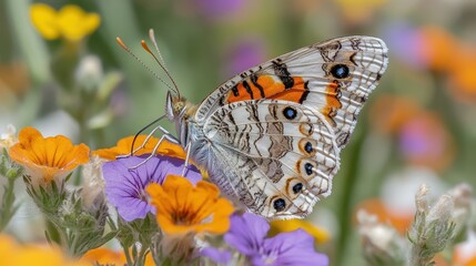 Obraz premium Beautiful butterfly resting on colorful flowers in a vibrant garden, showcasing intricate patterns and vivid hues, perfect for nature enthusiasts and floral photography lovers