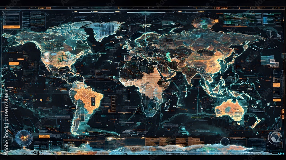 Poster Global data visualization world map digital infographic high-tech environment interactive view information mapping