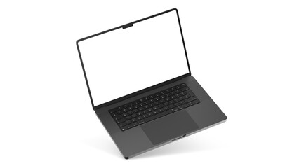 Flying laptop mockup with transparent screen and background for web design and UX/UI. MacBook Pro 16 inch Space black color.