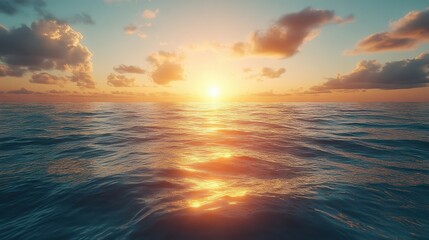 Fototapeta premium Serene Sunset Over Calm Ocean Waters with Reflective Waves and Soft Clouds Illuminated by Golden Sunlight, Capturing the Beauty of Nature's Tranquility