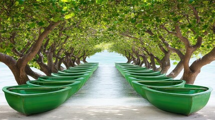 Lush Green Boat Pathway Surrounded by Vibrant Trees and Tranquil Water, Inviting Serenity and Nature's Beauty in a Calm Environment
