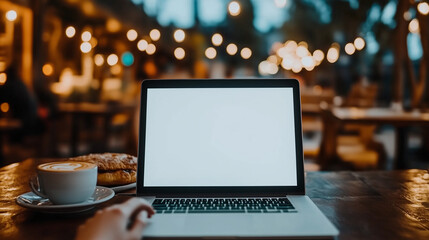 Fototapeta premium At a rustic cafe, a woman holds a laptop with a blank screen, while a blurred cup of coffee and breakfast pastries provide a warm backdrop.