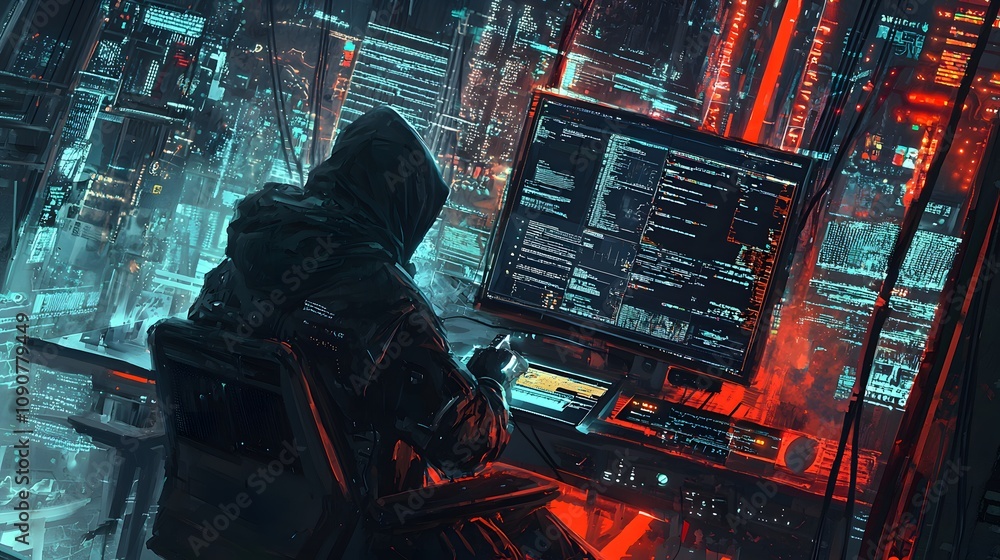 Aufkleber Cybersecurity analyst hacking session futuristic city digital art nighttime over-the-shoulder view tech concept