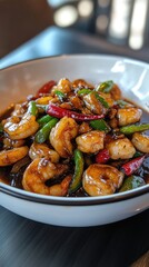Fototapeta premium Delicious Spicy Stir-Fried Shrimp with Colorful Peppers in a Bowl - Perfect for Asian Cuisine and Seafood Lovers