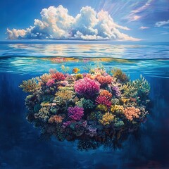 Vibrant coral reef underwater scene with colorful corals and clear blue water, showcasing marine biodiversity and beauty.