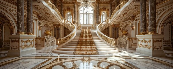 Obraz premium Grand palace interior featuring an opulent marble staircase, intricate gold details, and classical architecture, symbolizing luxury, royalty, and timeless elegance
