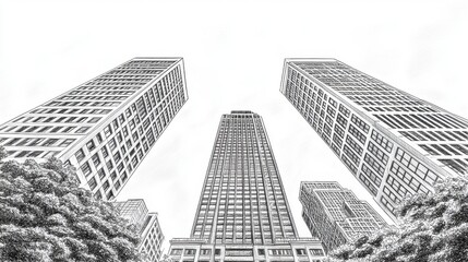 Fototapeta premium Stunning Illustrative Perspective of Skyscrapers Towering Overhead in Urban Landscape with Trees in Foreground and Cloudy Sky as Background