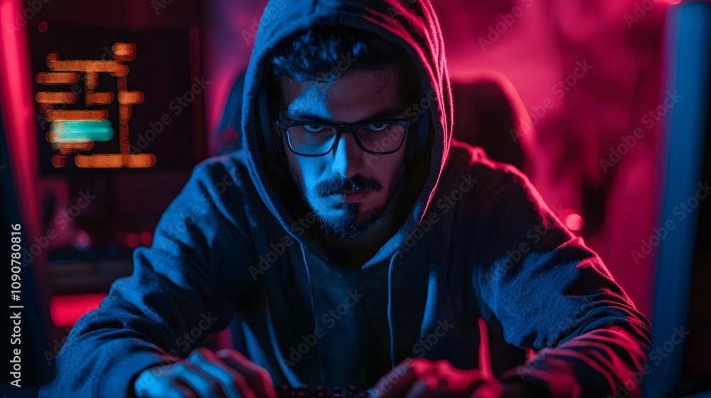 Poster intense gaming session online digital portrait neon environment close-up view cybersecurity concept