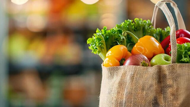 A rustic bag filled with colorful fresh vegetables and fruits, perfect for healthy eating and organic living.