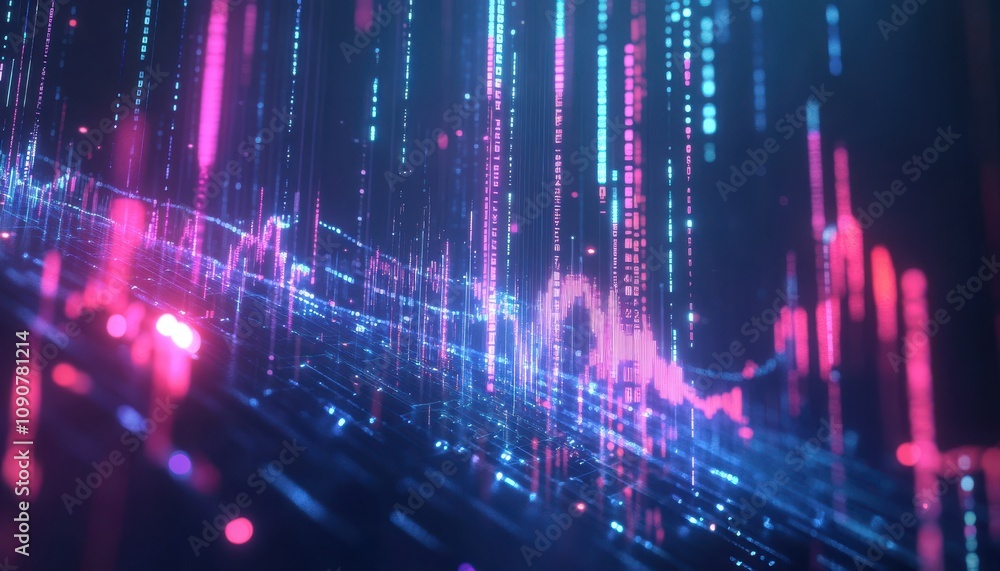 Poster abstract digital data flow with glowing particles in vibrant colors representing information exchang