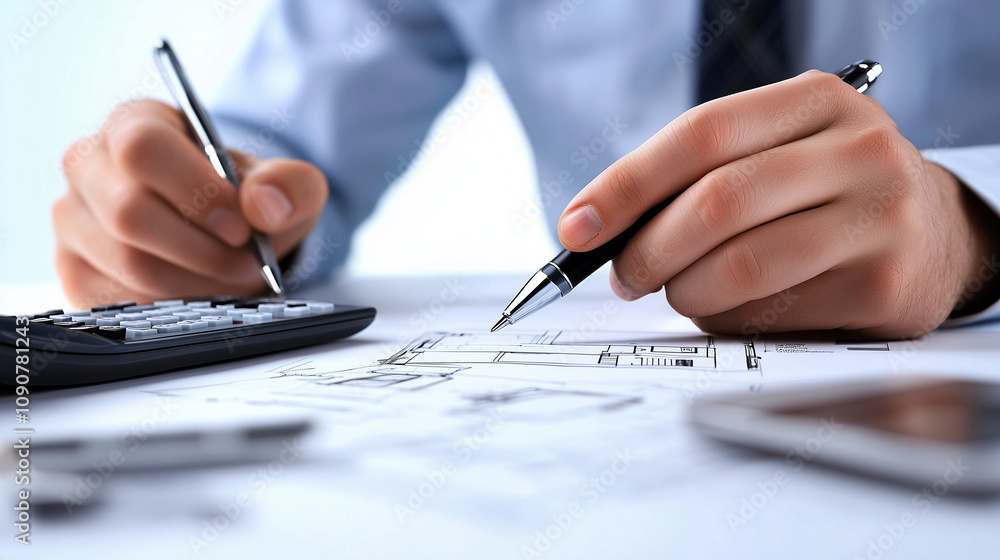 Aufkleber an architect with a pen in hand analyzes a detailed home layout, typing numbers into a calculator, w