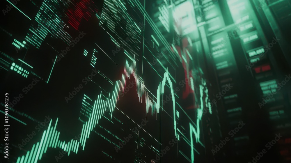 Poster abstract digital financial chart with green and red lines reflecting stock market trends and data an