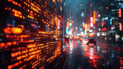 Fototapeta premium Rain-soaked urban scene with neon lights and digital displays.