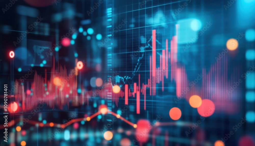 Poster abstract finance background with colorful data visualization and stock market trends depicted in a d