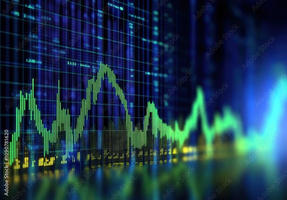 Poster abstract stock market data visualization with colorful graphs and charts displaying fluctuating tren