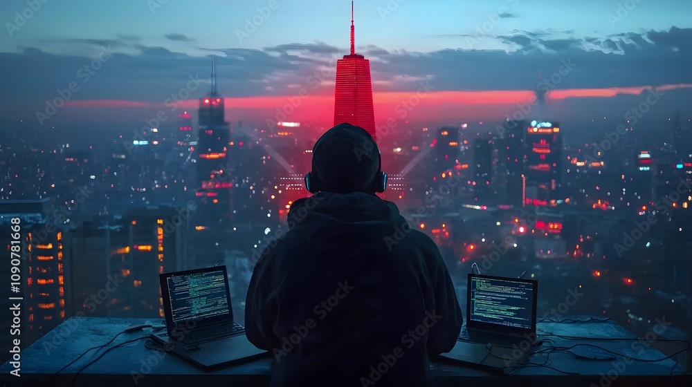 Poster hacker monitoring cityscape futuristic skyline digital art urban environment night view technology c