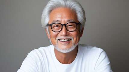 Obraz premium Man with glasses is smiling and wearing a white shirt. He looks happy and content. Concept of warmth and positivity