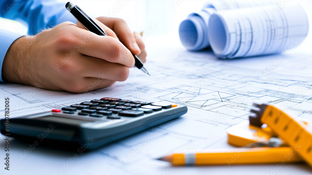 Poster an architect stands over a table with multiple home blueprints, running cost calculations on a calcu