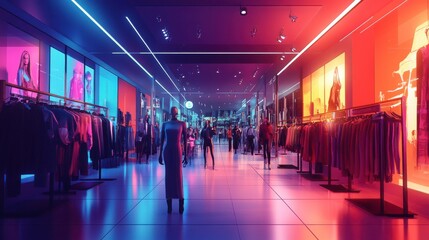 Vibrant Fashion Store Interior with Shoppers in Cartoon Style